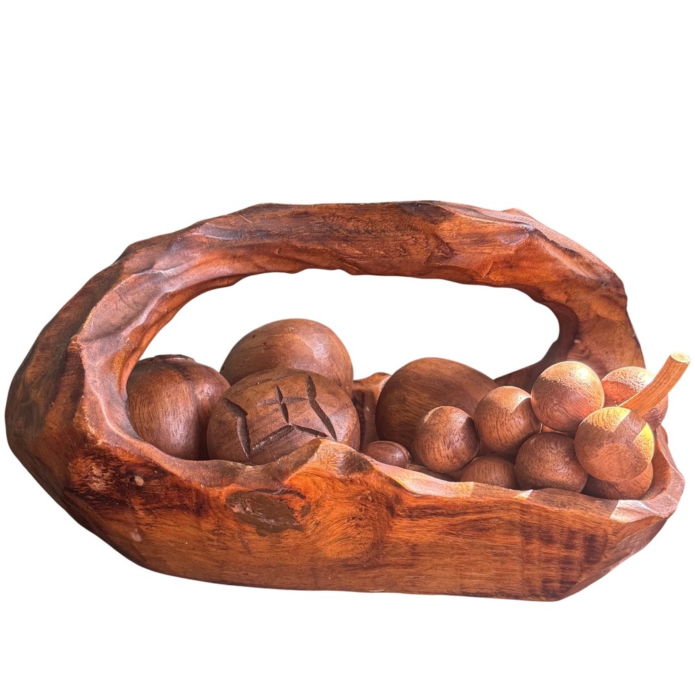Vintage Carved Wood Wooden Fruit Basket With Six Pieces of Fruit